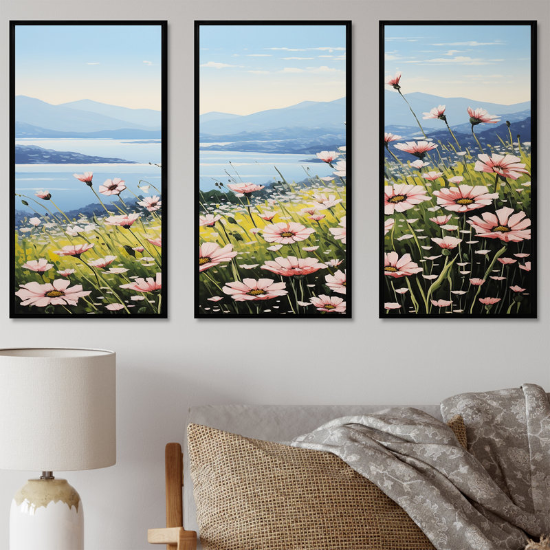 Zinnias Charm In Mountain - Ensemble de décorations murales Zinnias, Cadre flottant noir, H 32 po x l 48 po x P 1 po