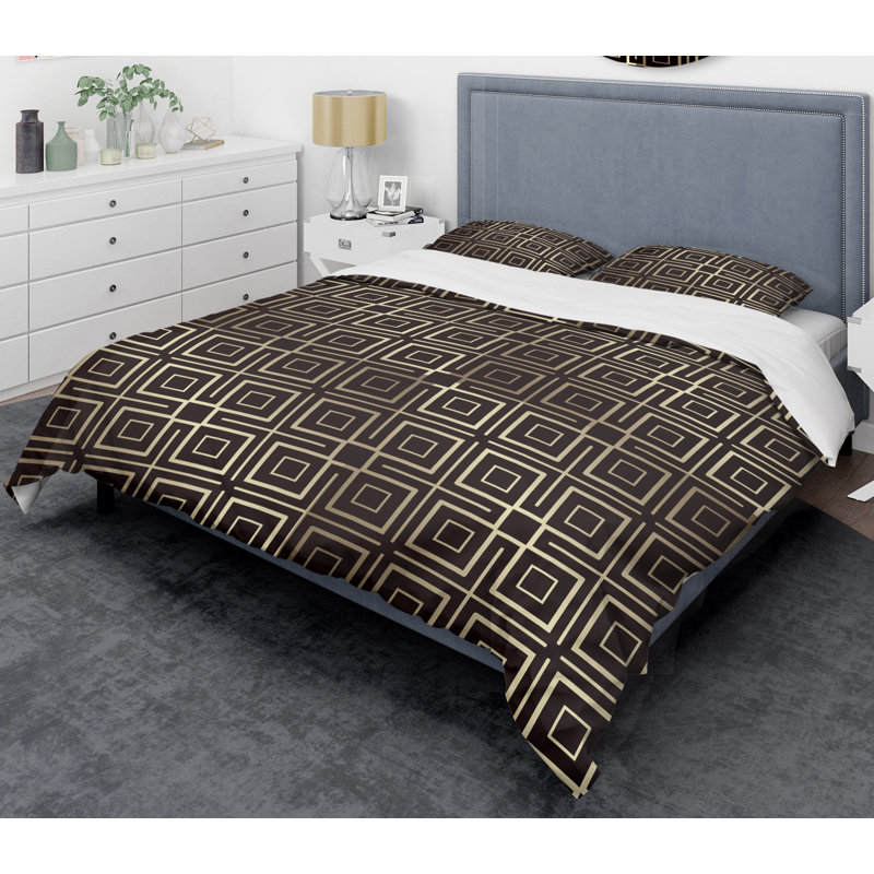 Retro Art Deco - Mid century bedding set - Modern Mid-century Bed cover set, Twin Duvet Cover + 1 Sham, Black Square Metallic