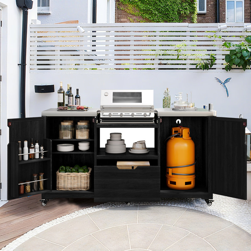 Îlot de cuisine d'extérieur K&K pour barbecue en bois massif 66,5 po, Noir, noir, noir, noir