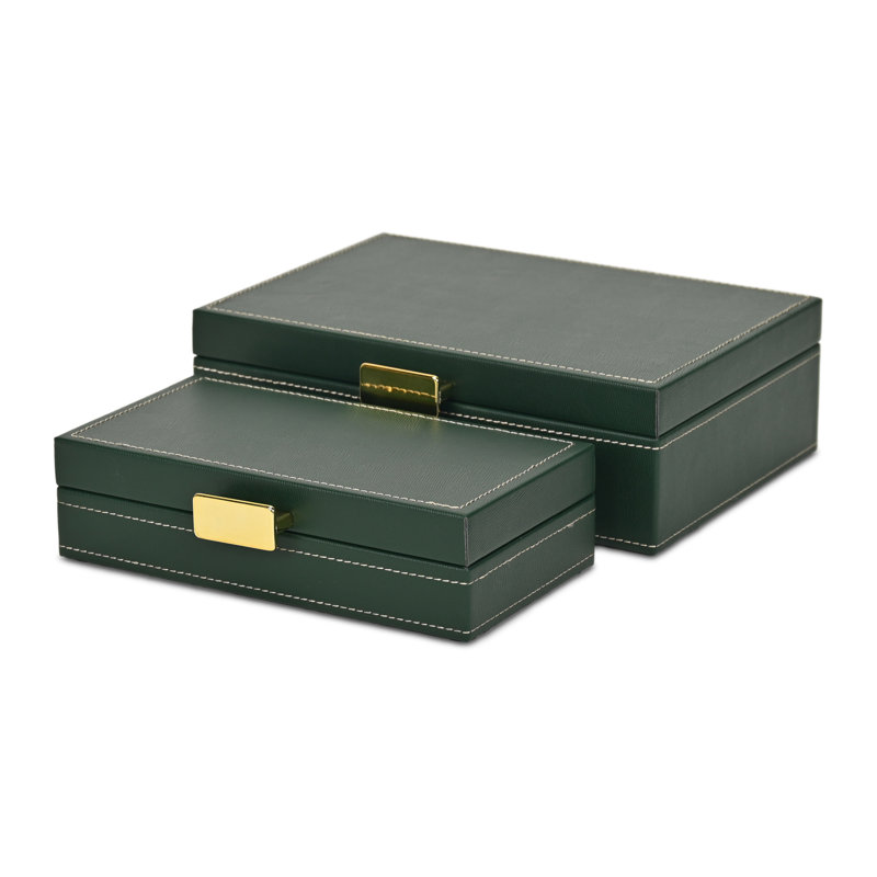 Ensemble de 2 boîtes Lithos de style rectangulaire rétro avec accents cousus et poignées dorées, Vert