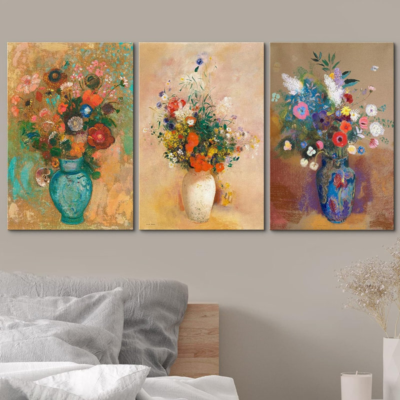 3 pièces dans des vases, H 24 po x l 16 po x P 1,5 po, Toile tendue