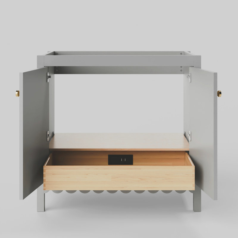 Meuble-lavabo simple 36 po Scalloped - gris clair - sans comptoir - boutons dorés, Gris, Doré