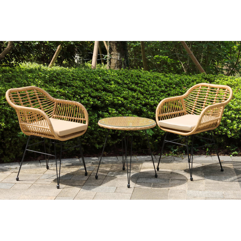 Ensemble de conversation en rotin avec coussins 3 pièces Marilla, Beige
