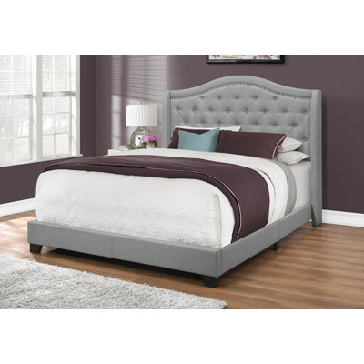 Bed, Queen Size, Bedroom, Upholstered, Grey Linen Look, Chrome Trim, Traditional   