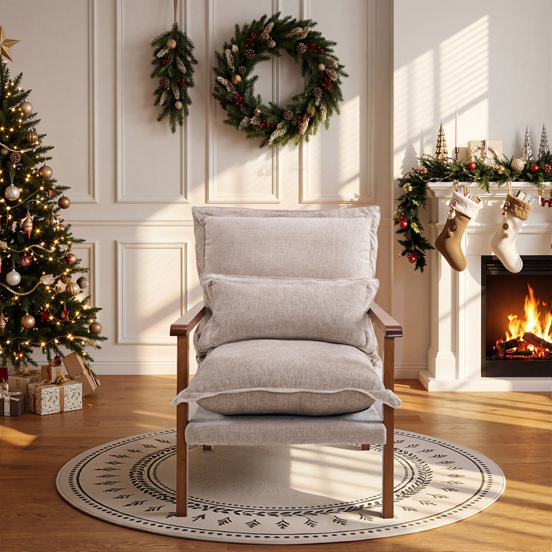 Chenille Accent Chair Armchair With Pillow, Brown, Walnut