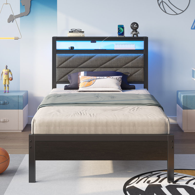 Bed Frame with Storage Headboard, Metal Platform Bed Frame with RGB Lights & Outlets, Twin/Single