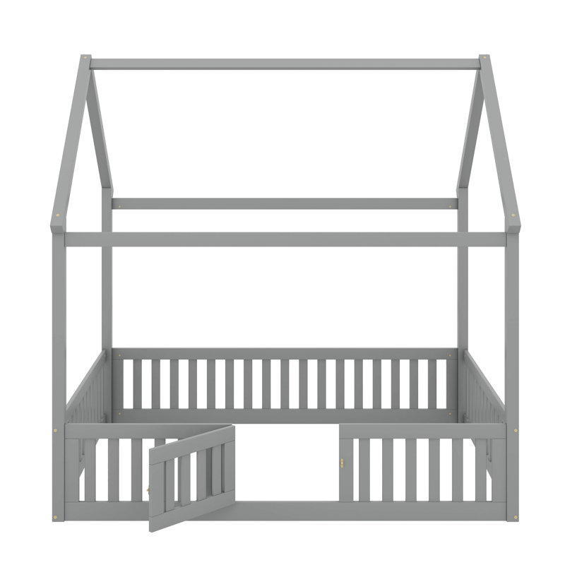 Lit en bois avec clôture et porte, Gris, Lit double