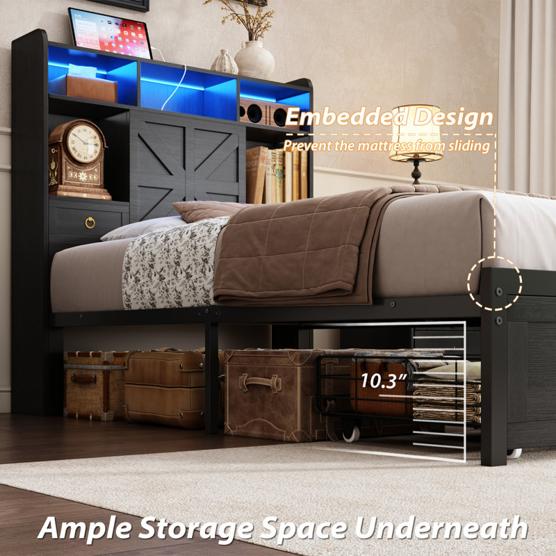 Twin Size Farmhouse Industrial Storage Bed with Extra Lager Footboard Drawers and Storage Headboard, USB&AC Charging Station, APP & Remote RGB Lights, Noise-Free, No Box Spring Needed, Platform Bed