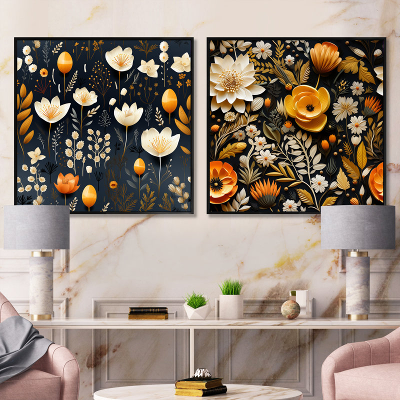 Fallston - Ensemble de 2 collages carrés botaniques abstraits, Cadre flottant noir, H 16 po x l 33 po