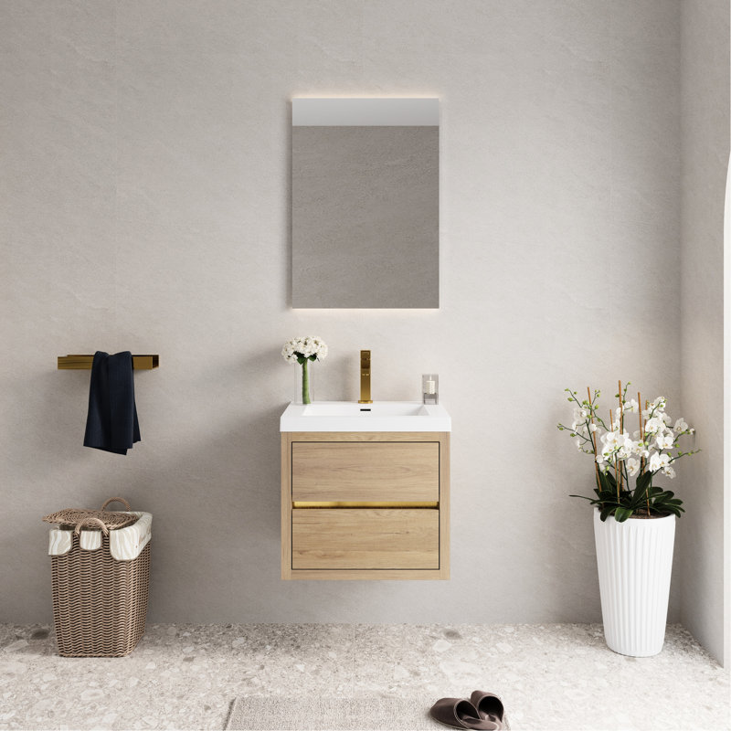 Meuble-lavabo 24 po avec lavabo, chêne naturel. Rangement intérieur spacieux. Comptoir en résine de pierre. Tiroirs à fermeture en douceur. Panneaux de qualité E1 pour un meuble-lavabo de qualité supérieure, fonctionnel. Fabrication