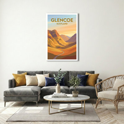 Glencoe, Scotland - Romantic Highlands Travel Poster, Vintage-Inspired Valley Print. Giclee Print On Wrapped Canvas. Wall Art, Home Decor - Regions & Scenic Areas, Scotland - Wrapped Canvas Print