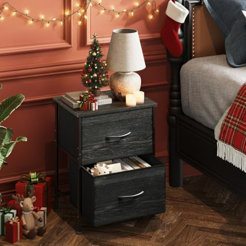 Table de chevet, petite commode avec tiroirs, commode pour la chambre à coucher avec 2 tiroirs en tissu, table de bout avec table de chevet noire, table de chevet pour dortoir, rangement pour garde-robe, imprimé grain de bois noir anthracite