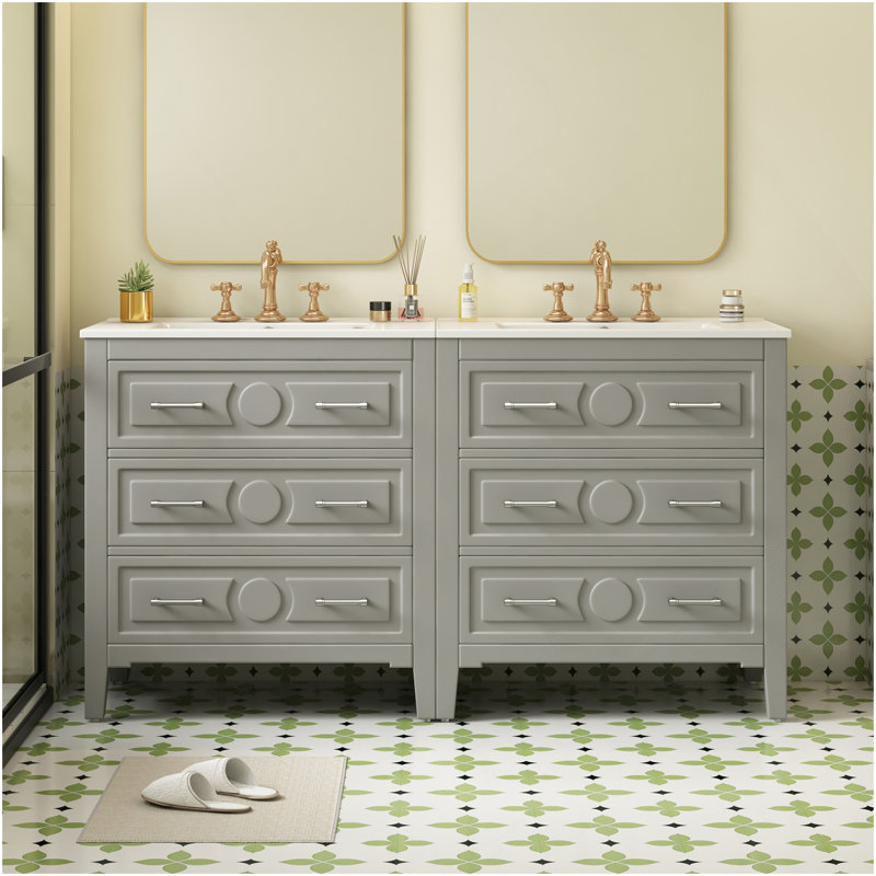 Ensemble de meuble-lavabo 60 po avec lavabo en céramique (séparé), ensemble de meuble-lavabo autoportant avec 3 tiroirs, armoire de rangement à cadre en bois gris