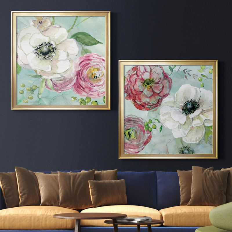 Asbury Garden Bloom III - ensemble de 2 reproductions d'art encadrées, H 26,5 po x l 53 po x P 1,5 po, Toile encadrée dorée