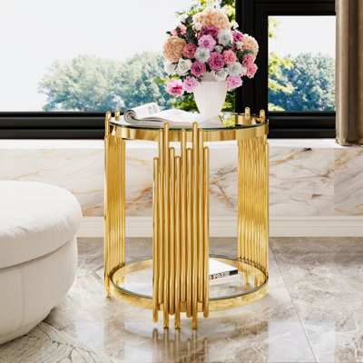 Table de bout moderne en verre transparent pour salon, ronde, métal asymétrique, finition dorée et tablette inférieure, 19,8 po