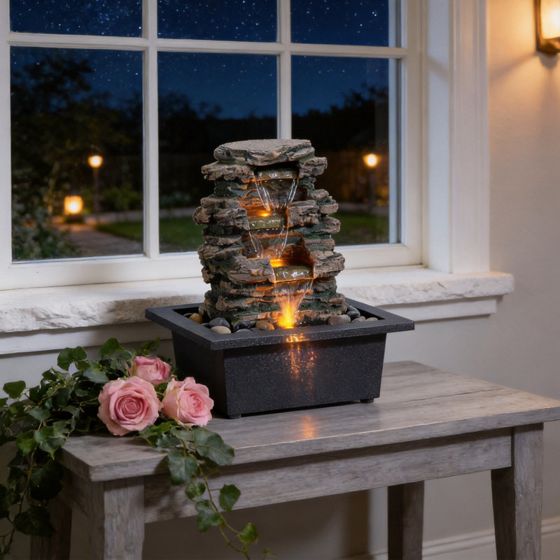 Fontaine de table avec lumières DEL, cascade à 3 niveaux d'aspect pierre, fontaine intérieure zen pour la décoration de la maison et du bureau