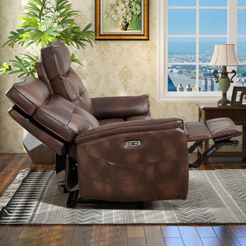 Canapé double inclinable électrique en cuir pleine fleur classique de 156 cm de large, avec port USB et poche de rangement latérale