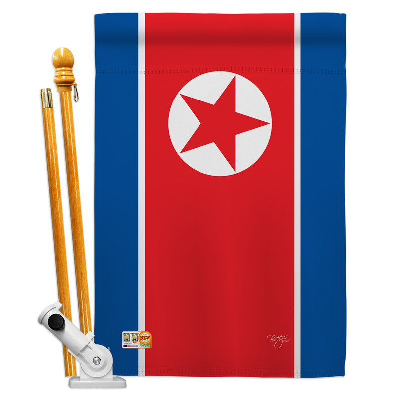 Drapeau de la Corée du Nord avec impression de 25 x 40 de polyester décoratif vertical à 2 faces Ensemble de drapeaux