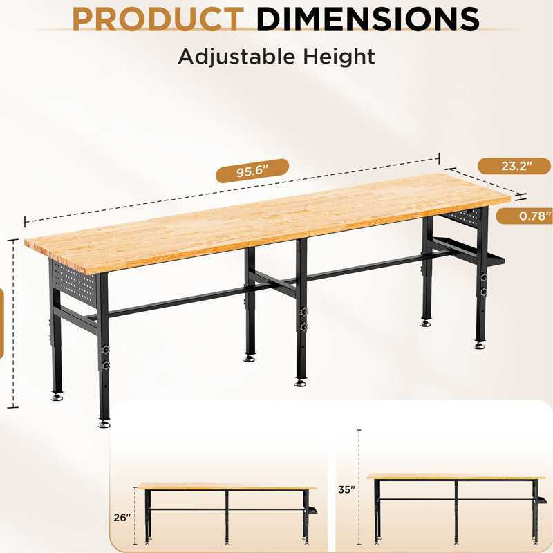Établi extra-long de 244 cm (96 po) avec plateau en bois massif, capacité de 907 kg (2 000 lb), 4 hauteurs réglables, rangement latéral et prise électrique – Idéal pour un usage professionnel. Plateau de 244 cm (96 po), capacité de charge, coffre de rangement, roulettes.
