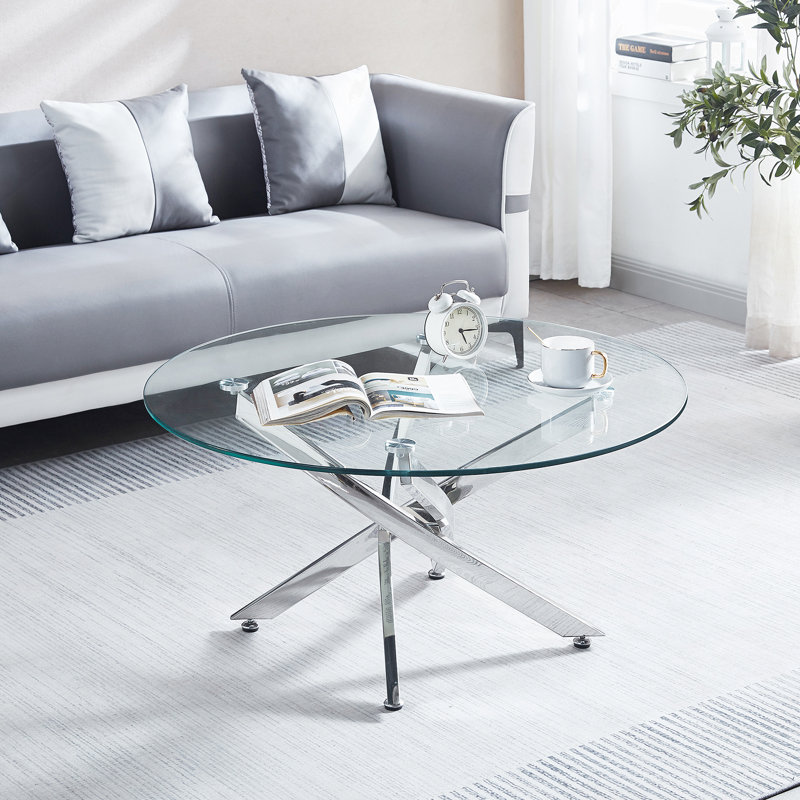 Table basse ronde moderne en verre trempé avec pieds chromés