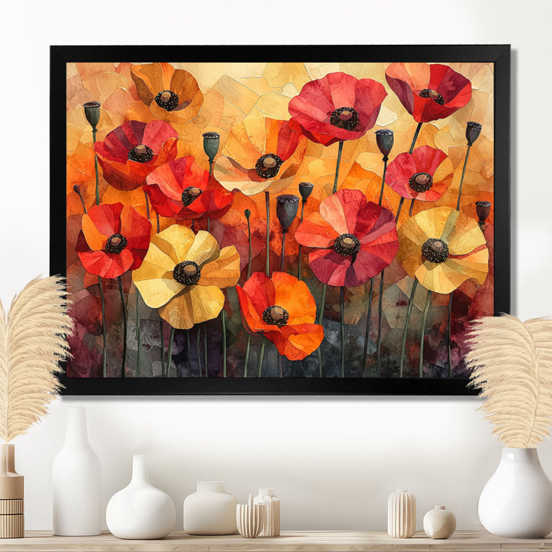 «Autumn Dance Of The Fiery Poppies III» - Art mural coquelicots, Cadre simple noir, H 24 po x l 32 po