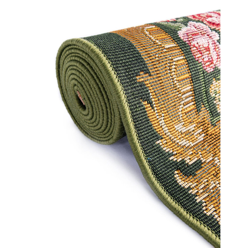 Tapis traditionnel d'extérieur Nil vert et ivoire, Carré 7 pi 10 po
