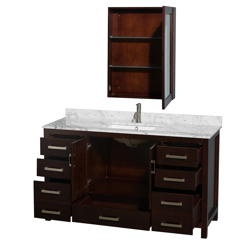 Ensemble de meuble-lavabo simple 60 po avec dessus en marbre et armoire à pharmacie Sheffield, Espresso, Chrome brossé