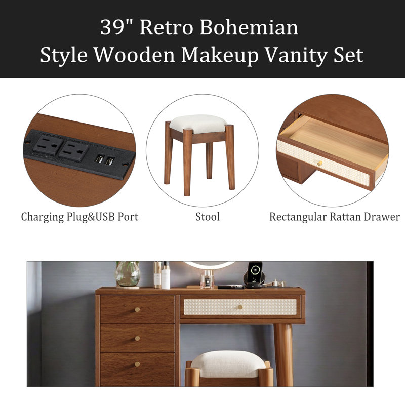 39" Retro Bohemian Style Wooden Makeup Vanity Set With Charging Plug&USB Port And Stool, Dressing Table With 3 Storage Drawers And 1 Rectangular Rattan Drawer