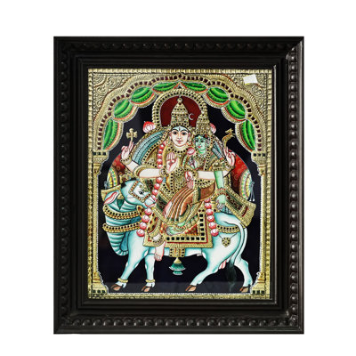 Divinités indiennes Rishabha Parvati assis sur Nandi | Couleur traditionnelle avec or 24 carats | Avec cadre