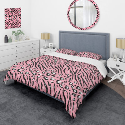 Motif de tigre rose et léopard - Ensemble de housse de couette animaux - Microfibre de polyester