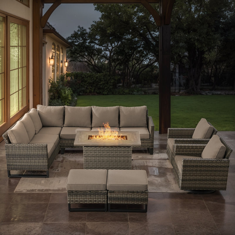Ingvald 8- Person Outdoor PE Wicker Patio Conversation Set with Fire Pit, Ottomans and Cushions, Gray, Gray