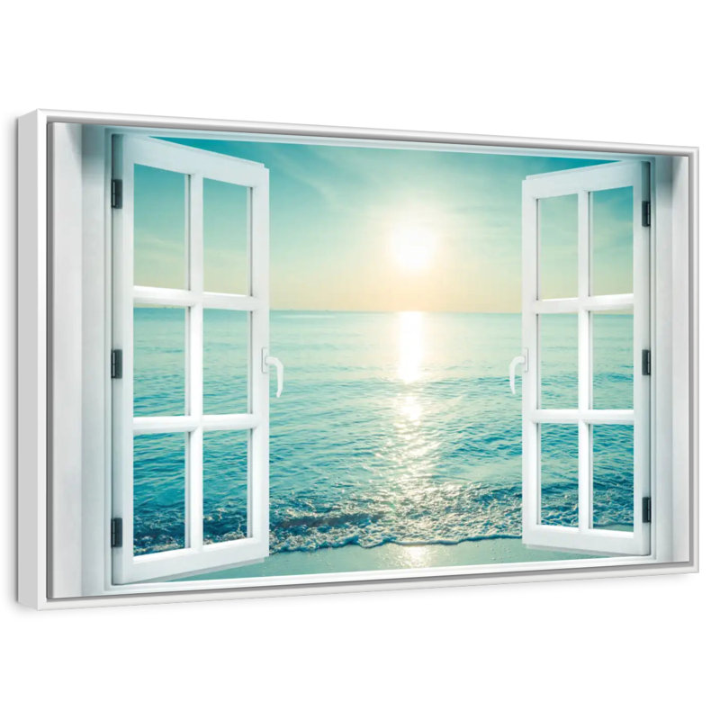 Fenêtre sur le paysage marin, Cadre flottant blanc, 37 po x 25 po