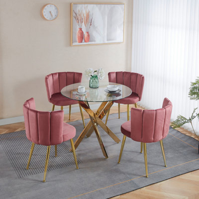 Ensemble de salle à manger 1 + 4,5 pièces, table de salle à manger à pieds en métal Mid-Century pour 4-6 personnes avec plateau en verre, table de salle à manger à piédestal, table basse de loisirs