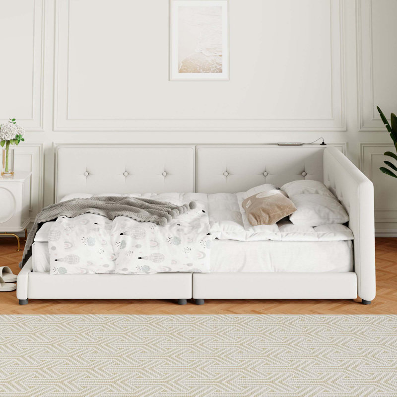 Lit plateforme tapissier avec ports USB, Beige, Grand lit