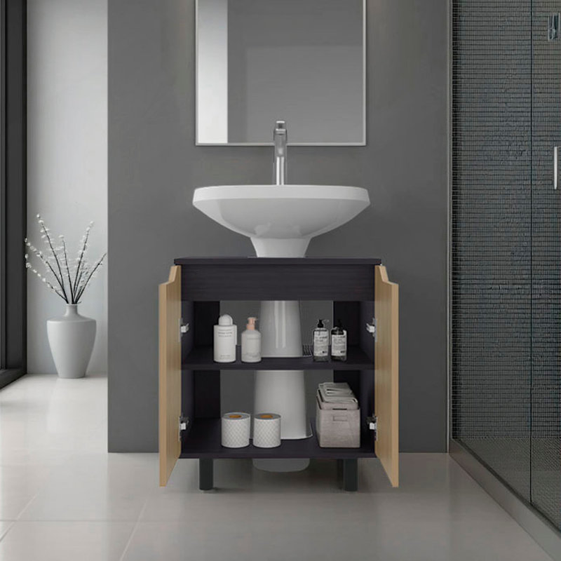 Meuble sous-évier Marlo avec deux portes et étagères de rangement intérieures, dos découpé, 56 cm de large, autoportant, rangement de salle de bain moderne (meuble seulement)