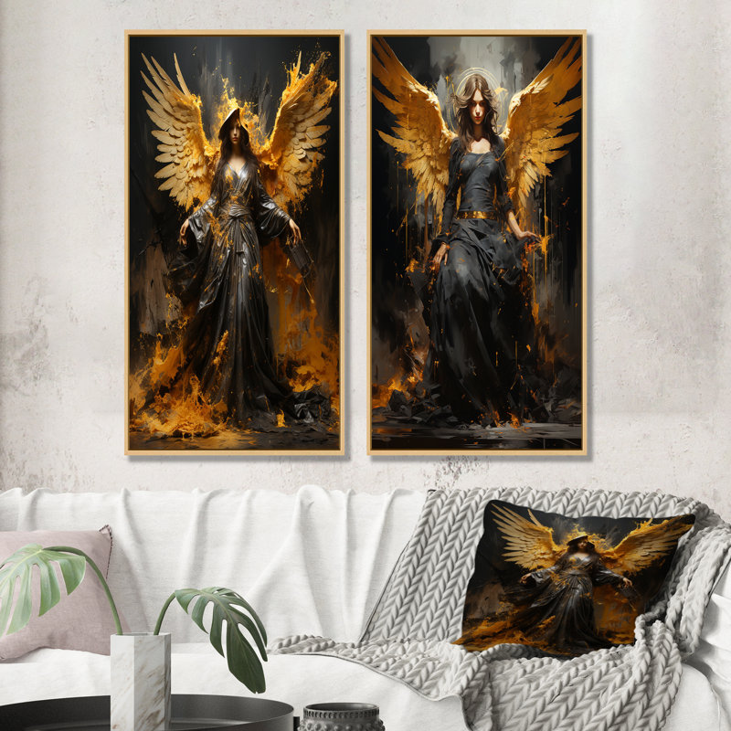 «Gold Angel Rebel Renaissance I», ensemble de 2 reproductions d'art mural, Cadre flottant brun, H 40 po x l 41 po