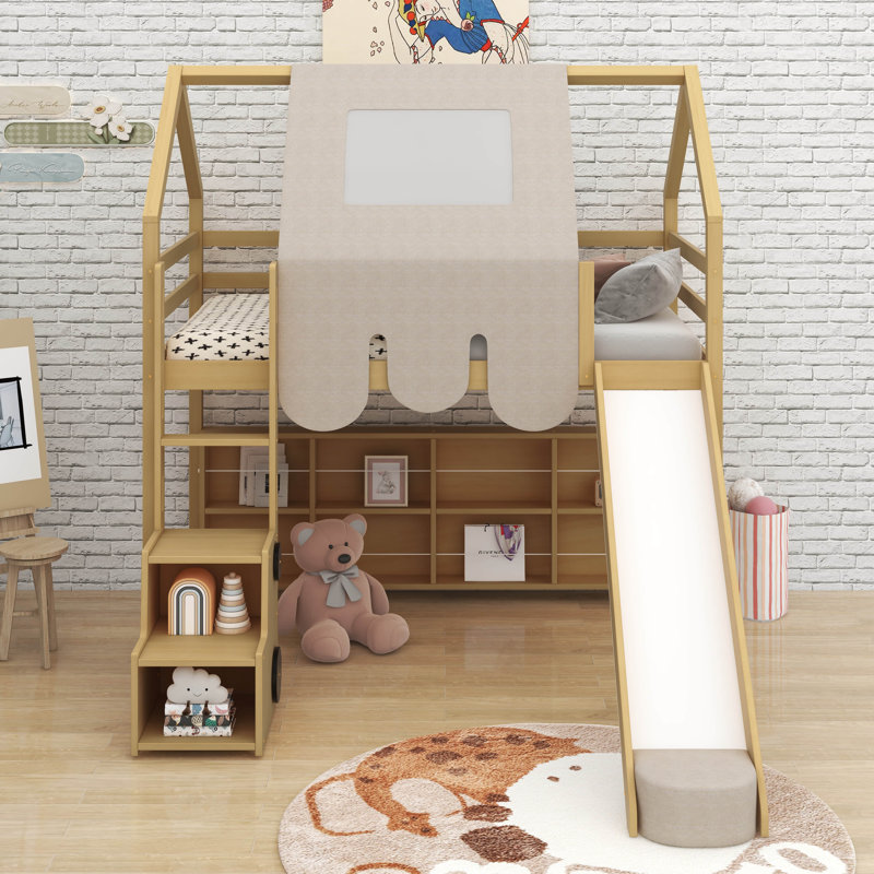Lit mezzanine simple en bois avec tente, Naturel / Beige