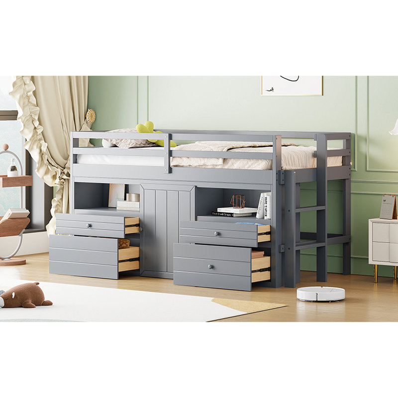 Lit mezzanine simple gris avec 4 tiroirs, sous l'armoire et l'ensemble de tablettes - Stable et espace utilisé dans 4 assemblages, avec tablettes