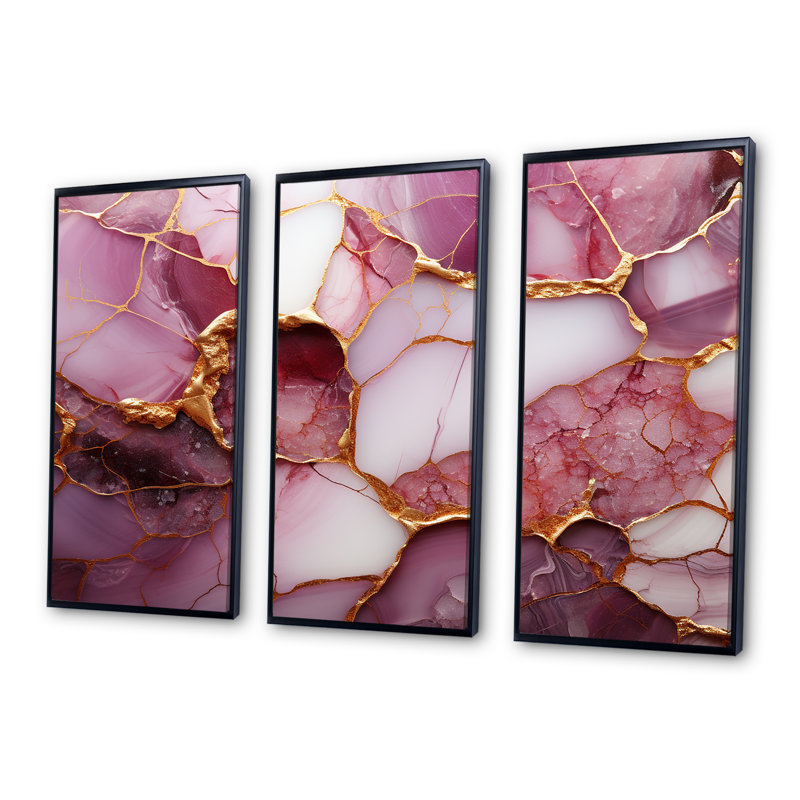 «Pink and Gold Marble River I», reproduction d'art murale abstraite, Cadre flottant noir, H 40 po x l 61 po x P 1 po