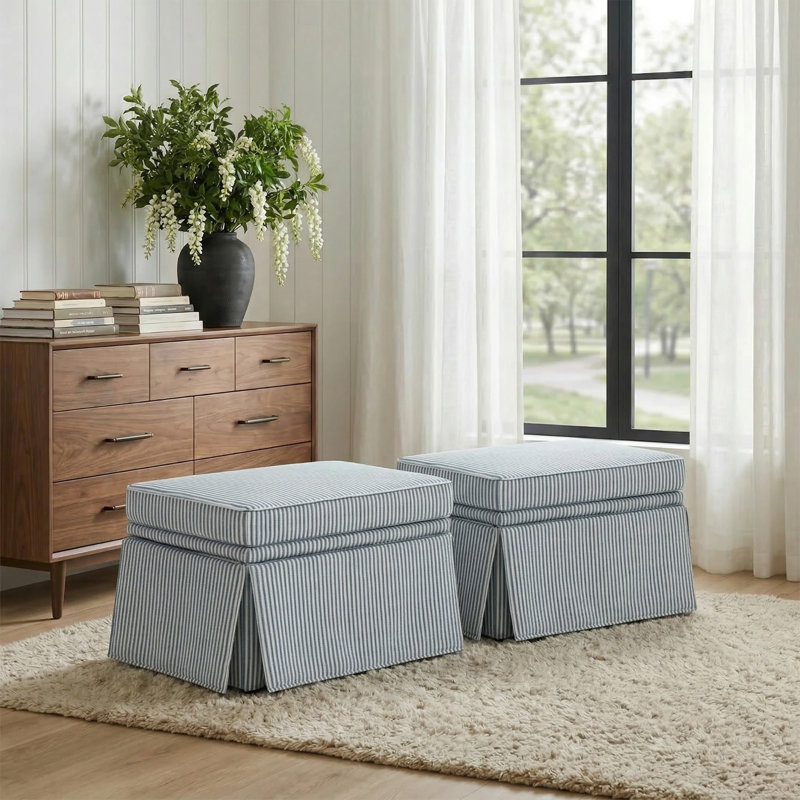 Upholstered Blue Striped Skirted Rectangular Storage Ottoman with Lift-Top (Set of 2), Pinstripe Blue Cotton Blend
