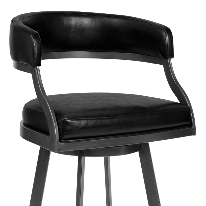 Dehn Modern Swivel Counter or Bar Height Barstool with Open Back and Footrest in Metal and Faux Leather, Vintage Black