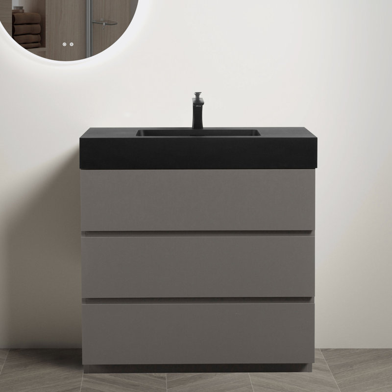 Meuble-lavabo autoportant avec grand lavabo et rangement, Noir, Gris