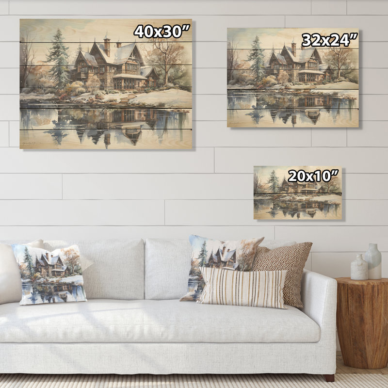 Lakehouse In Winter Charm - Lakes Lakehouse Wood Wall Art On Natural Pine Wood, 30" H x 40" W