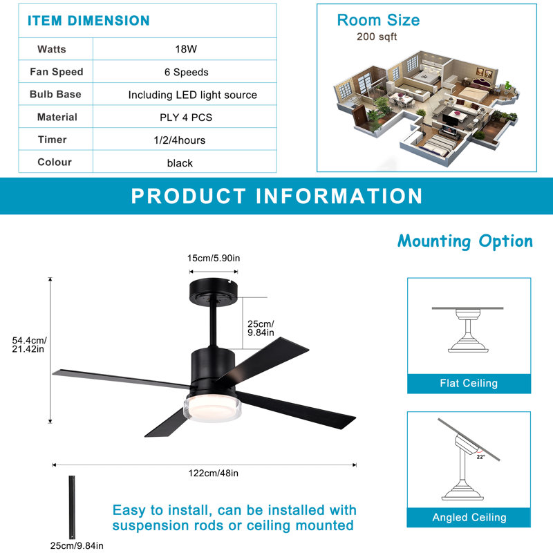 Kessia 48'' Ceiling Fan with LED Lights, Matte Black