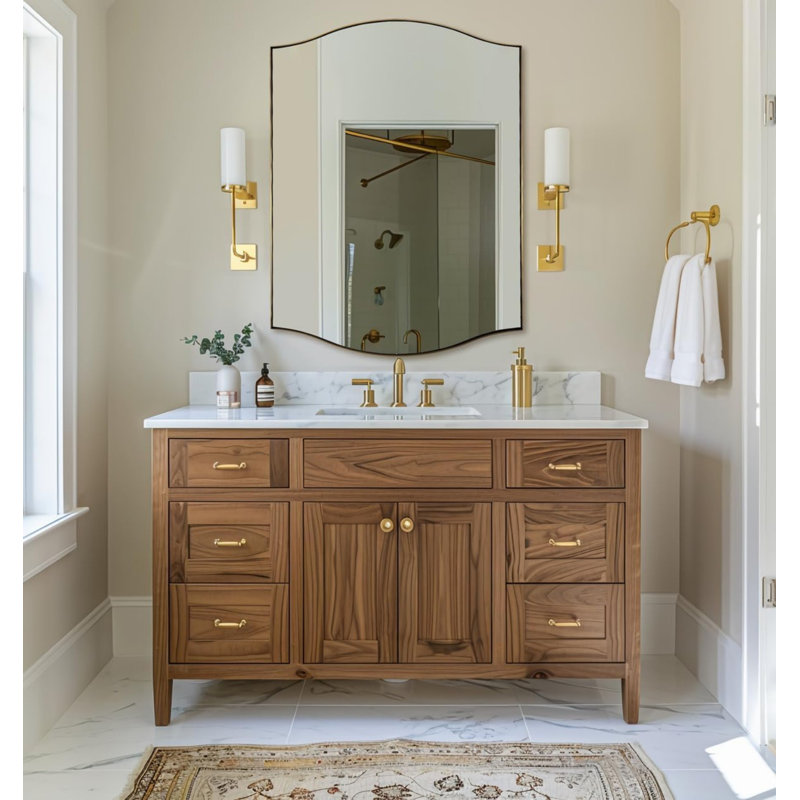 Curve Dual Arch Rectangular Scalloped Bathroom Wall Mirrors|Stainless Steel Framed, 40" x 30", Brushed Gold