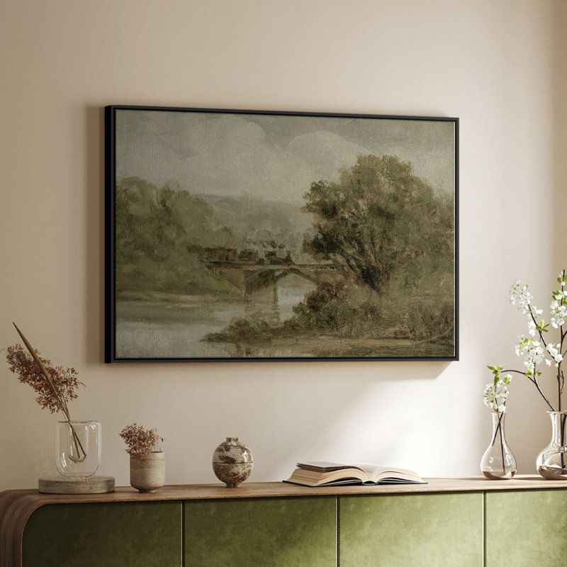 Paysage rétro - DCCCII, Toile avec cadre flottant noir, H 27 po x l 41 po x P 2 po