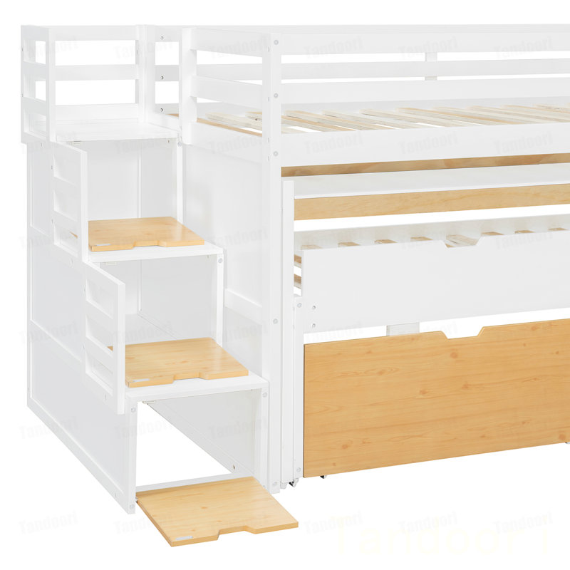 Lit mezzanine simple TG avec bureau coulissant et lit gigogne simple, lit superposé multifonctionnel avec 2 tiroirs de rangement et marches de rangement, jeu de lit et station de travail peu encombrants