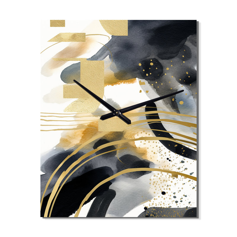 Horloge murale abstraite avec taches noires et dorées III - Fractals, Médium