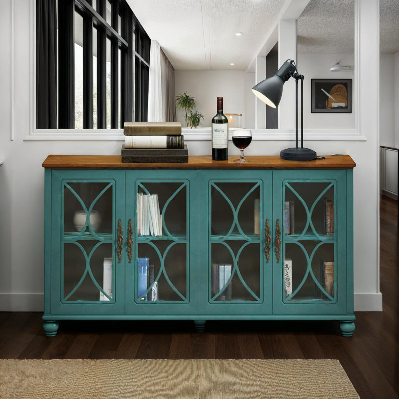Retro 4 Glass Door Buffet Cabinet with Adjustable Shelves, Green