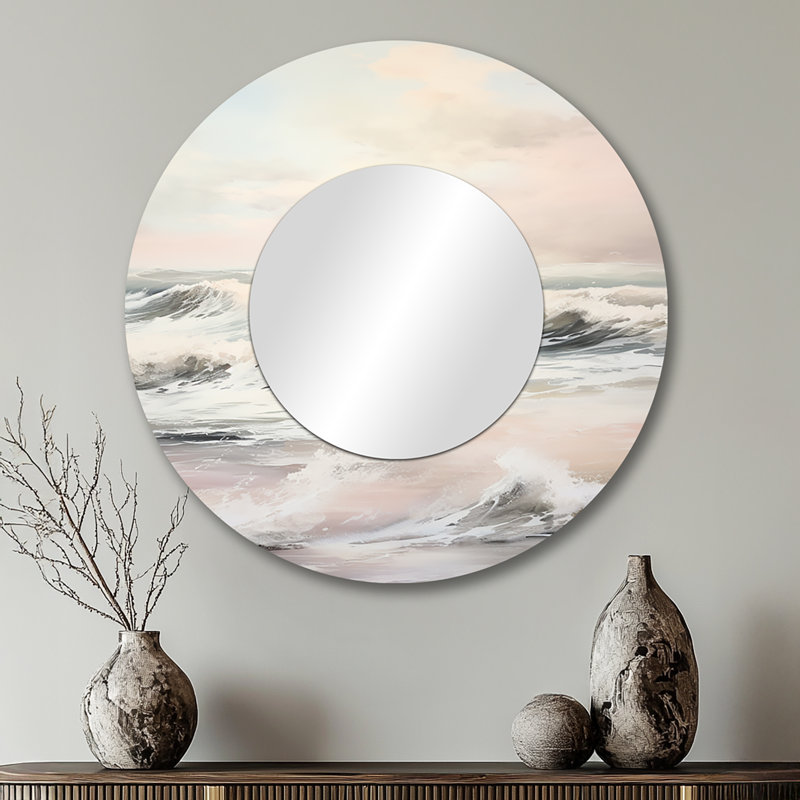 Sabatina Beige Pink Minimalism Tranquil Whispers I - Minimalism Wall Mirror, Beige Round Decorative Mirror, Printed Metal Art